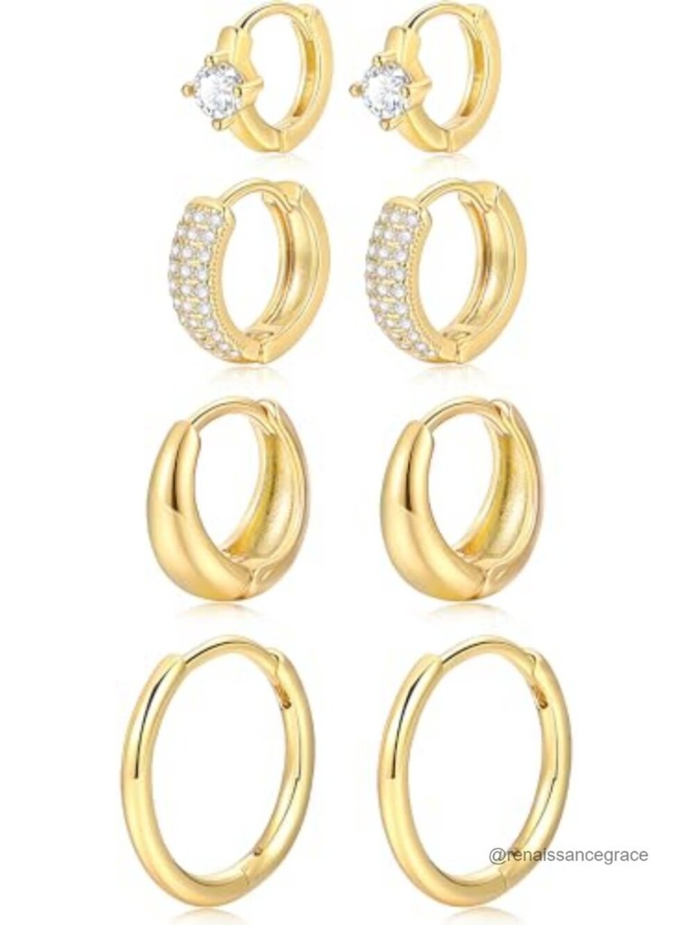 14K Gold Plated Huggie Hoop Earrings Set for Women - 4 Pairs Zirconia